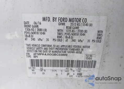 2016 Ford Edge Sel из США, поврежденный, VIN 2FMPK4J93GBC03899